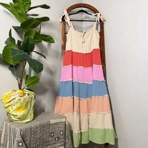 FRNCH Paris MEDIUM Laurel Rainbow Shoulder Tie Strap Cotton Gauze Maxi Dress